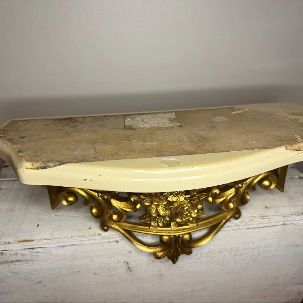 Vtg 1965s Gold Ornate Rose & Marble Wall Shelf Dart Syroco Hollywood Regency MCM